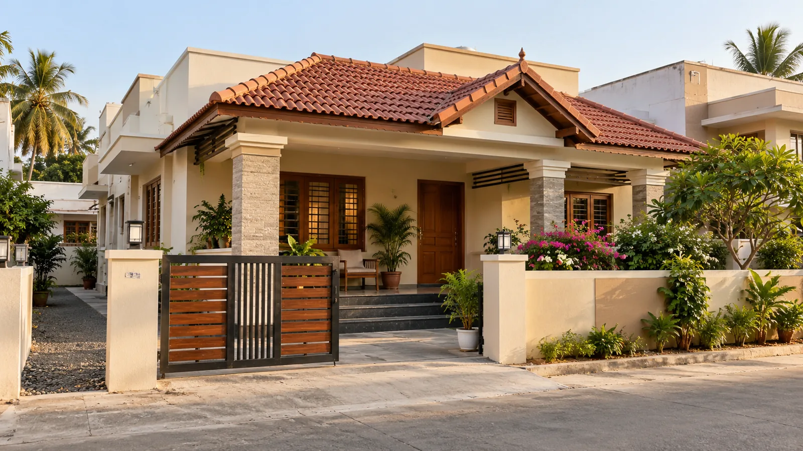 Illustrative South Indian single-floor house with terracotta roof tiles and a sheltered verandah