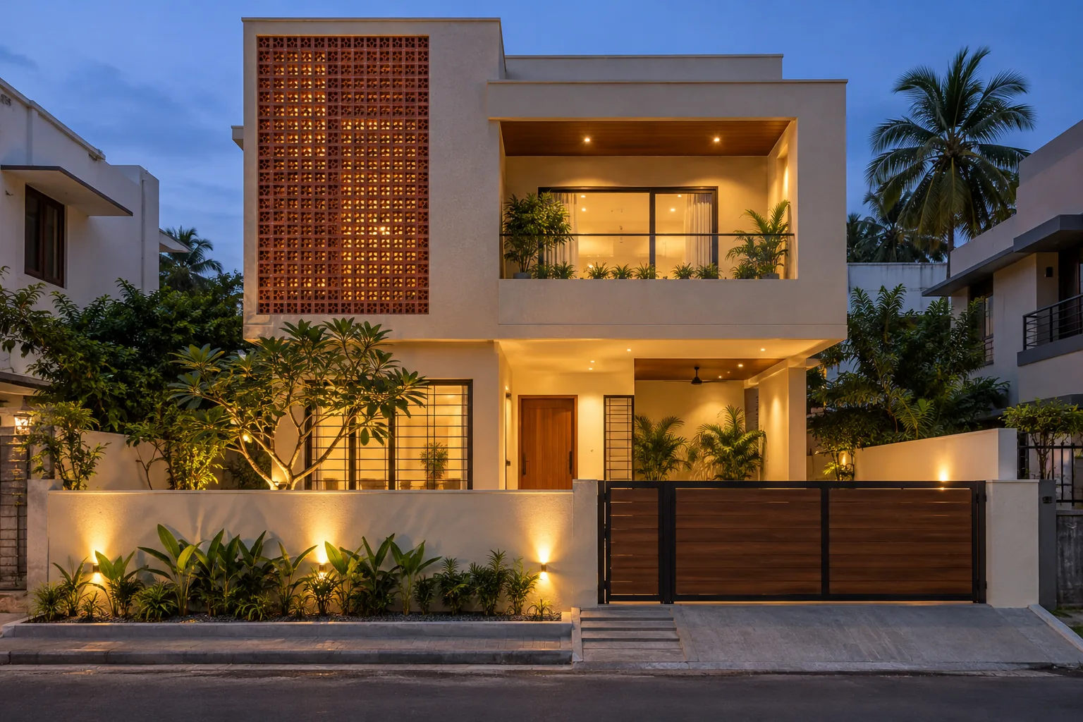 Illustrative South Indian two-floor house with a brick screen and recessed balcony